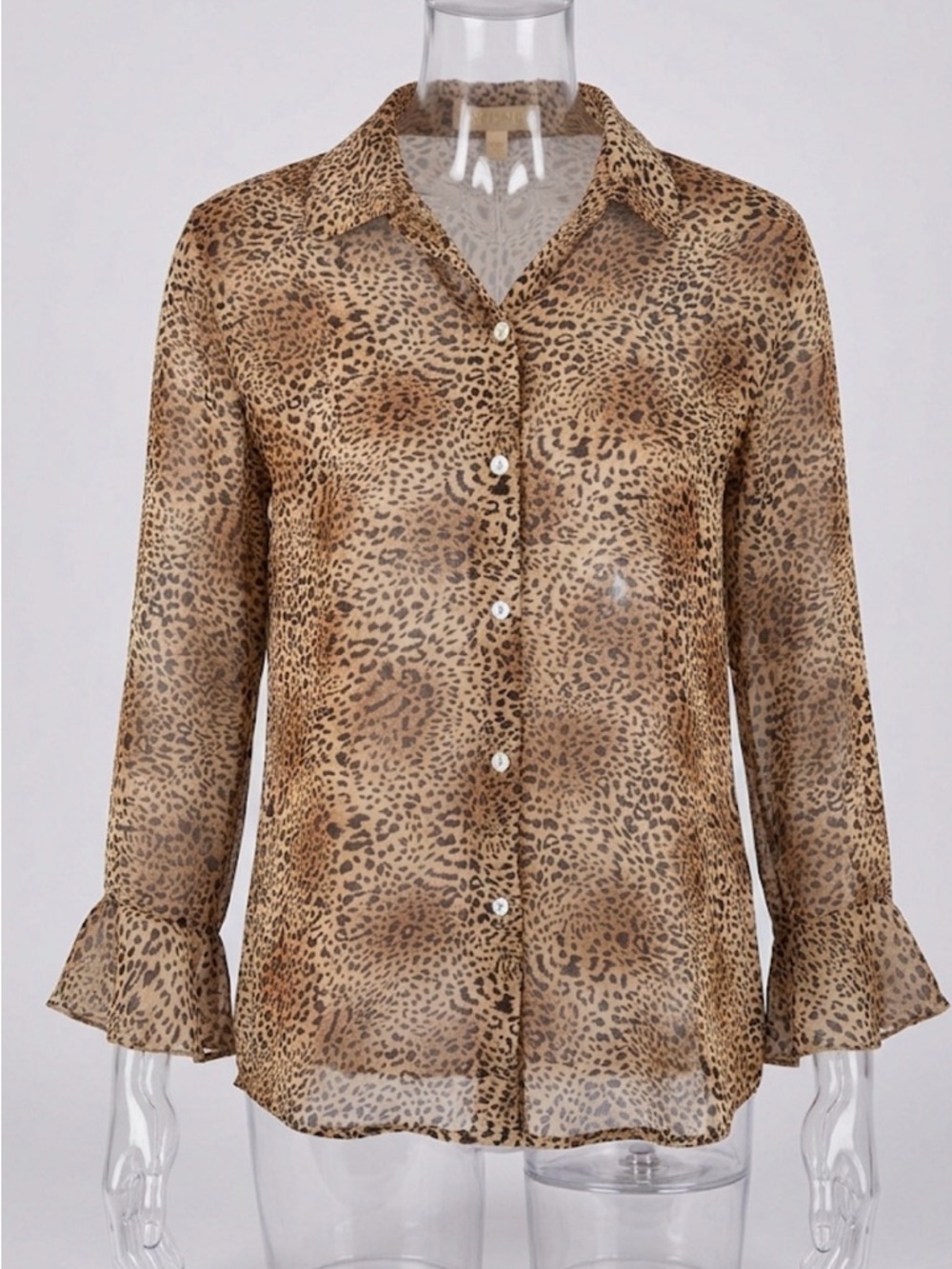 Kataya Collection Leopard Print Chiffon Blouse - Size M - Ruffle Sleeve Accent